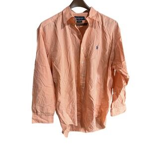 Ralph Lauren Men Orange Gingham Check Button Down Shirt Blue Pony Logo Size L